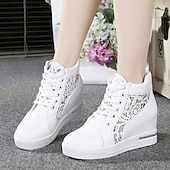 economico Sneakers da donna-sneakers da donna con zeppa traspiranti e pannello in pizzo – comode scarpe alte con lacci per uscite casual e abbigliamento estivo