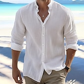 cheap Vacation-Men&#039;s Shirt Summer Shirt Beach Wear Button Up Shirt Black White Pink Red Long Sleeve Plain Band Collar Spring &amp; Summer Casual Daily Clothing Apparel 100% Cotton