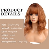 economico Parrucche trendy sintetiche-parrucche ramate con frangia parrucca zenzero parrucca rosso arancio parrucca ondulata lunghezza spalle parrucca parte centrale capelli per donna