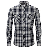 preiswerte Hemdjacke für Herren-Herren Hemd Flanellhemd Kariertes Hemd Knopfhemd Overshirt Karo Outdoor Alltagskleidung Weiß Wein Rote Marineblau Langarm Revers Frühling &amp; Herbst Bekleidung Fronttasche