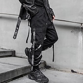 baratos Calças Cargo-Homens Calças Cargo Techwear Com Cordão Bolsos Tecido Conforto Macio Ao ar livre Diário Para Noite Moda Casual Preto Micro-Elástica