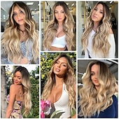 economico Parrucche trendy sintetiche-Parrucca ondulata lunga ombre bionda mista marrone evidenziata per le donneParrucca ondulata riccia parte centrale Parrucca in fibra sintetica resistente al calore dall&#039;aspetto naturale per l&#039;uso