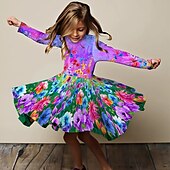 cheap 3D Flower Dress-Easter Girls&#039; 3D Floral Dress Long Sleeve 3D Print Fall Winter Vacation Sports &amp; Outdoor Daily Cute Casual Beautiful Kids 3-12 Years Casual Dress A Line Dress Above Knee Regular Fit
