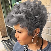 cheap Black &amp; African Wigs-Dark Brown Short Pixie Cut Wigs for Black Women Curly Hair Replacement Short Black Layered Wavy Pixie Wigs With Bangs For Black Women