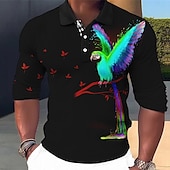 abordables Polo imprimé animal pour homme-Homme Perroquet Polos Hawaïens Chemise de golf manche longue Polos Chemises à Col Occasionnel Drôle Tenue de plage Vêtements de vacances Tenues de fête Boutons Impression 3D Automne &amp; Hiver Jaune