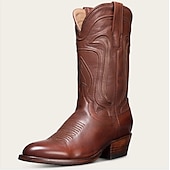 levne Cowboy &amp; Western Boots-pánské hnědé westernové kovbojské boty z umělé kůže s klasickou výšivkou - odolné a stylové rodeo boty pro country a outdoorové nošení