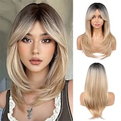abordables Perruques Synthétiques Sans Bonnet-perruques blondes platine pour femmes perruque en couches avec frange 22 pouces longueur d&#039;épaule perruque perruque de cheveux synthétiques d&#039;aspect naturel pour une utilisation quotidienne