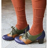 preiswerte Damenschnürschuhe-Damen Absätze Pumpen Bullock Schuhe Wingtip-Schuhe Vintage-Schuhe Party Outdoor Täglich Farbblock Sommer Konischer Absatz Runde Zehe Elegant Urlaub Kuschelig Leder Schnalle Schwarz Gelb Purpur