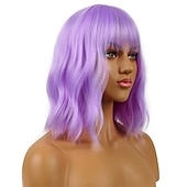 levne Syntetické trendy paruky-krátké bobové paruky s ofinou pro ženy volná vlnitá paruka kudrnatá vlnitá délka po ramena bob syntetická cosplay paruka pro dívky barevné kostýmní paruky