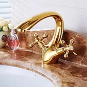 cheap Classical-Bathroom Sink Mixer Faucet, Brass Basin Taps Dual Handle with Hot and Cold Hose