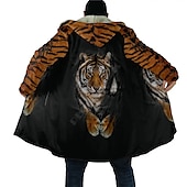 abordables chaqueta de lana de los hombres-Hombre Animal Lobo Tigre Abrigo de invierno Chaqueta de lana Abrigo Templado Transpirable Cómodo Moda Ropa de calle Casual / Diario Deporte Ropa Cotidiana Noche Cremallera Bolsillo Estampado Otoño