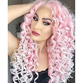 economico Parrucche trendy sintetiche-lunghe parrucche ricci rosa per le donne riscaldano la parrucca riccia ondulata sintetica a strati parrucca di sostituzione dei capelli gonfi riccioli sciolti parrucca da festa quotidiana