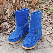 olcso Slouch Boots-női rojtos velúr mokaszin csizma csatos részletekkel - lezser és kényelmes western stílusú bokacsizma