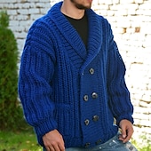 cheap Men&#039;s Cardigan Sweater-Men&#039;s Cardigan Sweater Cardigan Sweater Jacket Chunky Knit Regular Double Breasted Solid / Plain Color Shawl Collar Clothing Apparel Drop Shoulder Fall &amp; Winter Royal Blue M L XL