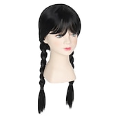 economico Parrucche dei personaggi dei film-mercoledì addams parrucche ragazze parrucca per bambini parrucca lunga liscia nera intrecciata con frangia parrucca da festa parrucche di carnevale