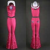 cheap Couple &amp; Group Costumes-Hot Pink Cowgirl Set Doll Movie Cosplay Costume Masquerade Girls&#039; Movie Cosplay Retro Vintage Vest Pants Scarf Masquerade Halloween