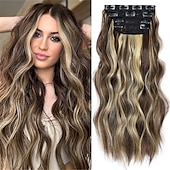 abordables Clip dans les extensions-4pcs clip dans les extensions de cheveux blond miel mélangé brun clair 20 pouces de long extensions de cheveux synthétiques ondulés