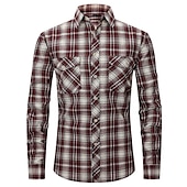 preiswerte Hemdjacke für Herren-Herren Hemd Flanellhemd Kariertes Hemd Knopfhemd Overshirt Karo Outdoor Alltagskleidung Weiß Wein Rote Marineblau Langarm Revers Frühling &amp; Herbst Bekleidung Fronttasche