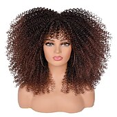 economico Parrucche di altissima qualità-Parrucche ricci da 16 pollici per donne nere parrucca riccia afro bomba nera con frangia capelli ricci crespi lunghi senza colla in fibra sintetica