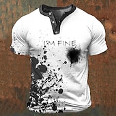 cheap Funny Words-I&#039;M Fine Mens Graphic Shirt Color Block Prints Fashion Basic Casual 3D Henley Tee Vintage Outdoor Daily Going Black Blue Red &amp; White Cotton