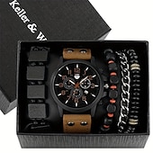 cheap Quartz Watches-Keller Weber 5Pcs Watches Bracelet Set Luxury Men Quartz Wristwatches Leather Band Fahsion Casual Watch For Men Gift For Boyfriend