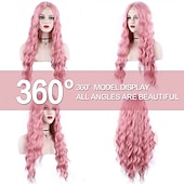 economico Parrucche trendy sintetiche-parrucca rosa lunga 28 pollici parrucche ondulate rosa per le donne parrucche sintetiche di sostituzione dei capelli parrucca rosa chiaro parrucca di halloween cosplay festa quotidiana parrucca in