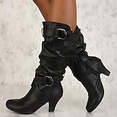 levne Slouch Boots-dámské vysoké boty ke kolenům s řemínky na přezku a štíhlým designem se středním podpatkem a všestranným stylem pro běžné i večerní nošení