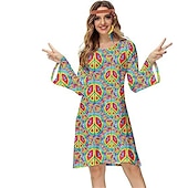 preiswerte Kleider-Hippie 1970er Disko Kleid Cosplay Kostüm Stirnband Trompetenärmel Hippie Disco Damen Mädchen Halloween Karneval Maskerade Party-Abendmode Pride Parade Pride-Monat Erwachsene Kleid Stirnband Frühling