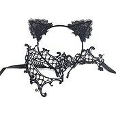 economico Maschera di Halloween &amp; Accessori-maschera mascherata in pizzo per donna, maschera mascherata nera per donna maschera per gatti fascia per orecchie di gatto con girocollo a cuore