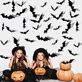 olcso Halloween matricák-72 db denevér fali dekor halloween dekoráció, 3d denevér matrica otthoni dekorációhoz 4 méretű félelmetes fekete kísérteties denevér parti kellékek