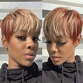 economico Parrucche trendy sintetiche-parrucche corte pixie cut con frangia bionda mista marrone parrucche sintetiche miste marroni per le donne nere parrucche corte pixie per le donne parrucche del partito di cosplay di halloween