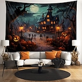 billiga halloween väggtapeter-halloween jack o lykta pumpa hängande gobeläng väggkonst stor gobeläng väggmålning dekor fotografi bakgrund filt gardin hem sovrum vardagsrum läskig stad herrgård halloween dekorationer