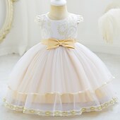 preiswerte Partykleider-Kleid für Kleinkinder, Mädchen, Blume, ärmellos, Performance, Party, Netz, niedlich, Polyester, knielang, Tüllkleid, Sommer, Frühling, 0–3 Jahre, Gold