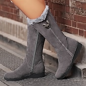 baratos Botas de neve e inverno-botas de inverno femininas de camurça preta com forro de pele sintética e zíper lateral - botas quentes e elegantes de cano médio para clima frio