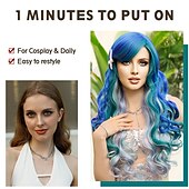 tanie Peruki karnawałowe-długa falowana niebieskozielona peruka syreny z grzywką ciemnoniebieska jasnofioletowa i zielona ombre kręcone peruki małej syrenki ariel imprezy cosplay peruka strój dla kobiet i dziewcząt peruki
