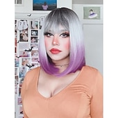 billige Syntetiske trendy parykker-rosa bob parykker med smell 12 tommer korte rett bob parykker fargerik syntetisk cosplay daglig fest parykk for kvinner