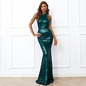 ieftine negru-Rochie neagră pentru invitat de nuntă rochie sirenă strălucitoare rochie de seară lungime până la podea fără mâneci decolteu înalt sequins cu franjuri rochie de mascaradă care impresionează