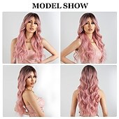 abordables Perruques Synthétiques Sans Bonnet-longue perruque rose pâle ondulée pour les femmes frange perruque cheveux synthétiques bouclés aspect naturel fibre résistante à la chaleur pour la fête quotidienne cosplay porter