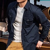 voordelige heren overhemd jas-Voor heren Overhemdjasje Overhemd khaki Leger Groen Donkerblauw Lange mouw Effen Revers Vakantie Dagelijks Voorvak Kleding Katoen Katoenmix Modieus Casual Comfortabel
