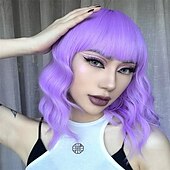 voordelige Carnaval pruiken-hete roze pruik met pony korte bob golvend krullend pruik schouderlengte hete roze pruiken voor vrouwen synthetisch haar kleurrijke pruik voor halloween kostuum cosplay 14 inch