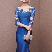 ieftine albastru-Rochie de seară sirenă rochie elegantă invitat formal la nuntă tren sweeping  brush mânecă 3/4 off shoulder satin cu butoane plisaje aplicații