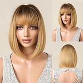 baratos Perucas Sintéticas sem Touca-peruca loira com franja - peruca loira curta de 12&#039;&#039; para mulheres perucas de cor natural com franja super macia e fácil de usar peruca reta bob peruca sintética para o dia das bruxas