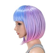 abordables Perruques de carnaval-Perruque bob courte droite ombrée bleu rose multicolore de 10 pouces avec frange perruque synthétique colorée de cosplay pour les fêtes quotidienne pour femmes et enfants avec bonnet de perruque