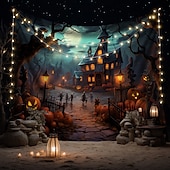 billiga halloween väggtapeter-halloween jack o lykta pumpa hängande gobeläng väggkonst stor gobeläng väggmålning dekor fotografi bakgrund filt gardin hem sovrum vardagsrum läskig stad herrgård halloween dekorationer