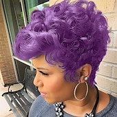 cheap Black &amp; African Wigs-Dark Brown Short Pixie Cut Wigs for Black Women Curly Hair Replacement Short Black Layered Wavy Pixie Wigs With Bangs For Black Women