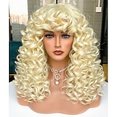 cheap Synthetic Trendy Wigs-Long Curly Wavy Blonde Wigs for Women Side Part Natural Looking Cosplay Synthetic Fiber Wig Heat Resistant Replacement Wig Halloween Cosplay Party Wigs