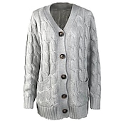 cheap Cardigans &amp; Outerwears-Women&#039;s Cardigan Sweater Casual Soft Solid Color Cable Chunky Open Front Buttons Pocket Long Sleeve Tunic Knit Daily Dark powder Black Fall Winter