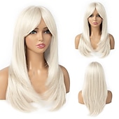 abordables Perruques Synthétiques Sans Bonnet-perruques blondes platine pour femmes perruque en couches avec frange 22 pouces longueur d&#039;épaule perruque perruque de cheveux synthétiques d&#039;aspect naturel pour une utilisation quotidienne