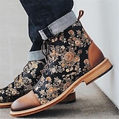 cheap Jacquard shoes-Men&#039;s Floral Jacquard and Brown Faux Leather Lace-Up Boots - Vintage Oxford Ankle Boots with Retro Style for Casual and Formal Wear