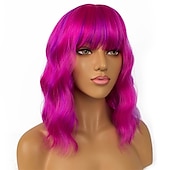levne Syntetické trendy paruky-krátké bobové paruky s ofinou pro ženy volná vlnitá paruka kudrnatá vlnitá délka po ramena bob syntetická cosplay paruka pro dívky barevné kostýmní paruky